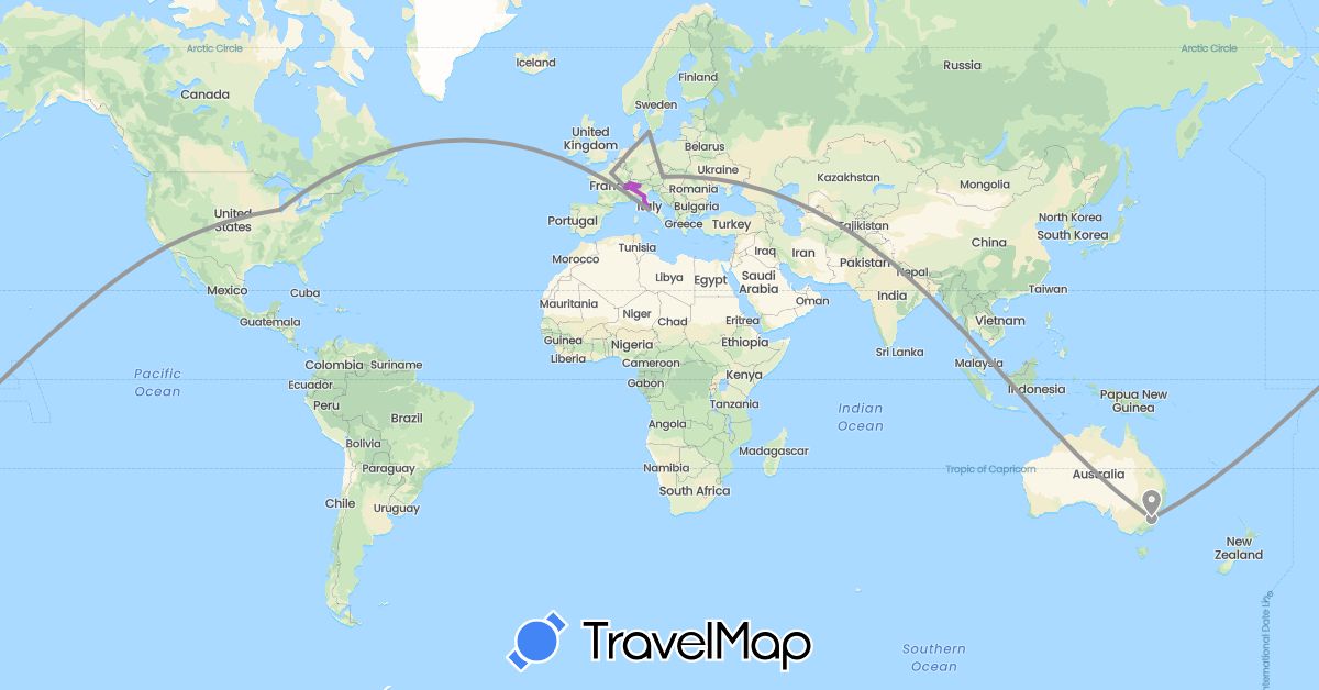 TravelMap itinerary: driving, plane, train in Austria, Australia, Switzerland, Denmark, France, Italy, United States (Europe, North America, Oceania)